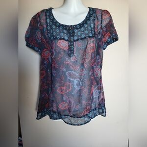 NEW Reitmans Sheer Floral Blouse - Navy and Coral, Size Medium Petite